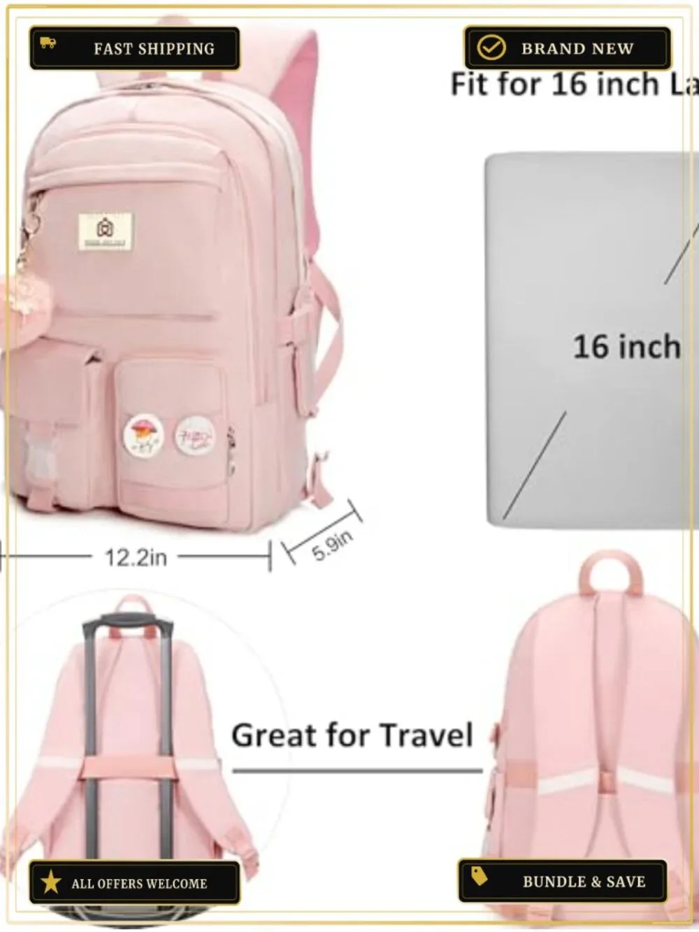Laptop Backpack for Women 15.6 Inch Waterproof Nylon Daypack with USB, School